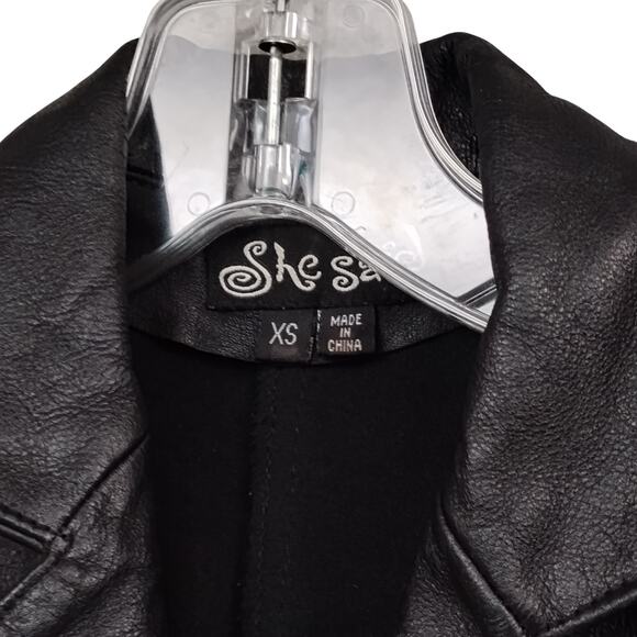 Vintage 90s She Said Leather Vest Size XS Black Fabric Back Snap Buttons Pockets - Picture 7 of 9